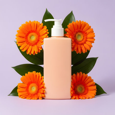 Cosmetic bottle with orange gerbera flowers on a purple backgroundの素材