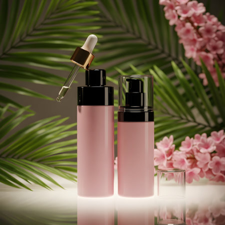 Cosmetic products on a tropical background with palm leaves and flowers.の素材