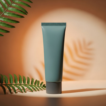 Mockup of cosmetic tube on orange background with palm leaves. 3d renderingの素材