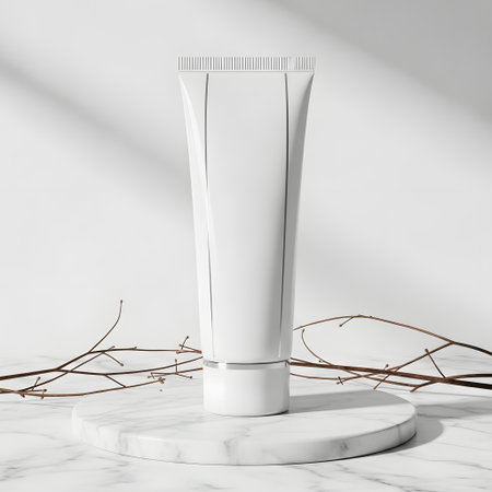 White cosmetic tube mockup on white marble podium with dry branches. 3d renderingの素材