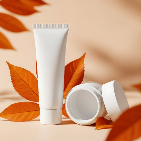 Cosmetic bottle mockup with autumn leaves on beige background.の素材