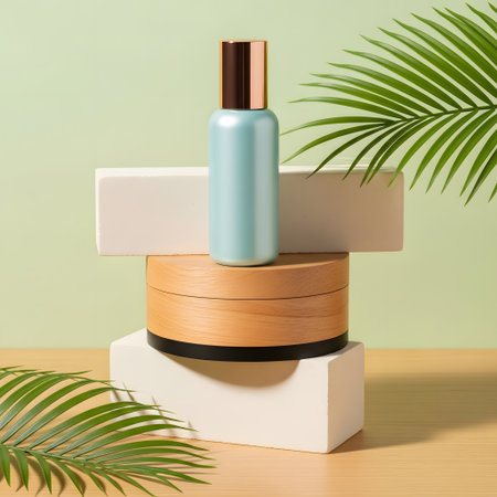 Cosmetic bottle on wooden podium and palm leaves on pastel backgroundの素材