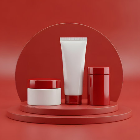 3d render of cosmetic bottle containers on red podium with round frameの素材