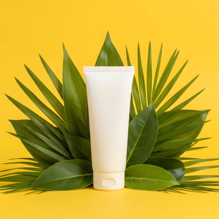 beauty treatment medical skincare and cosmetic lotion cream serum oil mockup bottle packaging product with tropical palm leaf on yellow backgroundの素材