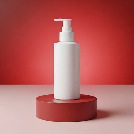 Blank white cosmetic bottle on red podium. 3D rendering.の素材