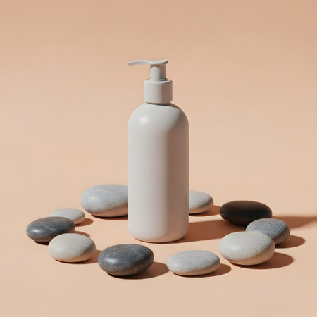 Mockup of cosmetic bottle on a beige background with stonesの素材