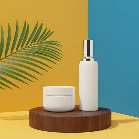 3d render of cosmetic product display podium with palm leaf. Skin care conceptの素材