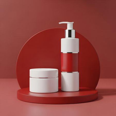 3d render of cosmetic bottle on red background. Skin care conceptの素材