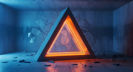 3d rendering of an illuminated neon triangle in a dark room. The concept of virtual reality.の素材