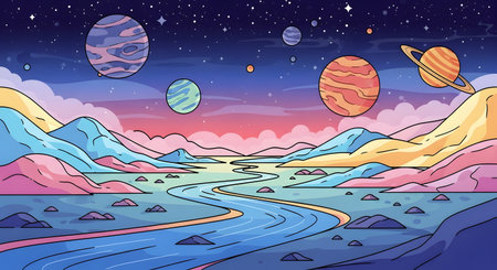 Cute cartoon landscape with a river and planets. Vector illustration.の素材