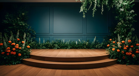3d render of stage with green wall and wood floor background.の素材