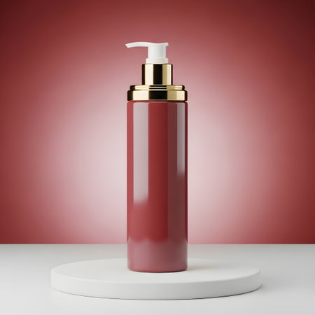 3d render of cosmetic bottle on white podium with red background.の素材