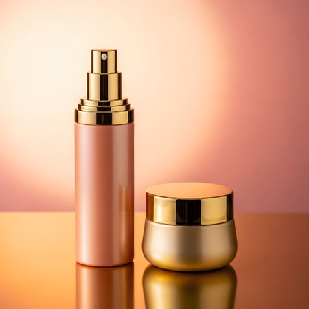 Cosmetic bottle with golden cap on a yellow-pink backgroundの素材