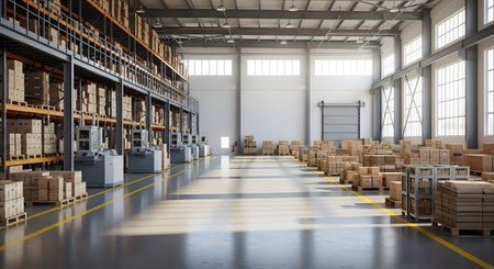 Warehouse interior with shelves and pallets 3d rendering image.の素材
