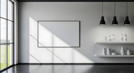 Modern bathroom interior with white walls, concrete floor, white bathtub and horizontal mock up poster frame. 3d renderingの素材