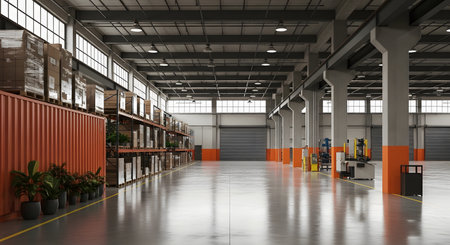 3d rendering of warehouse or factory interior with shelves and palletsの素材