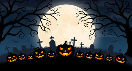 Halloween background with pumpkins, cemetery, moon and bats.の素材