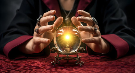 Crystal ball in hands of fortune teller. 3D rendering.の素材