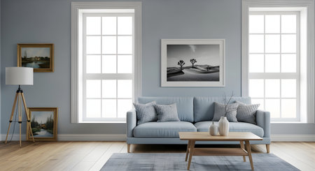 Interior of the living room with blue sofa and coffee table - renderingの素材