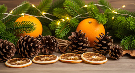 Christmas decoration with fir branches, tangerines and cones on wooden backgroundの素材