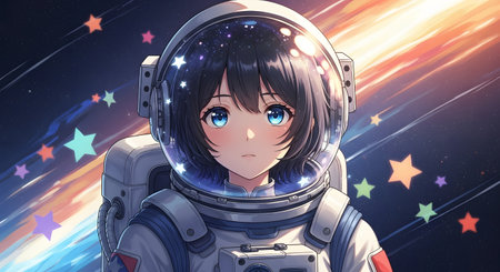 Cute cosmonaut girl in outer space. 3D renderingの素材