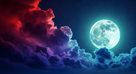 Full moon in the night sky with clouds. 3D illustration.の素材