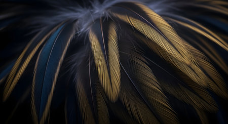 Feathers of a bird on a black background. 3d renderingの素材