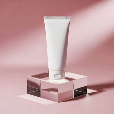White cosmetic tube on a pink podium. 3d rendering mock upの素材