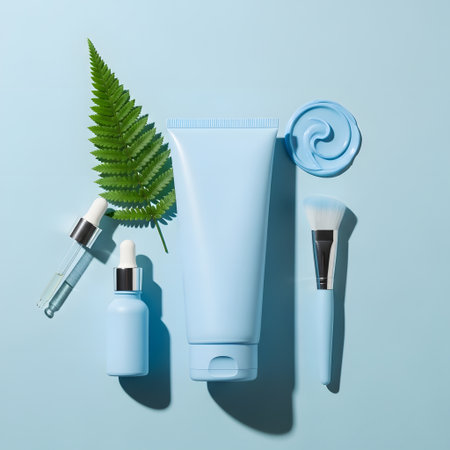 Flat lay composition of cosmetic products and green leaf on blue backgroundの素材