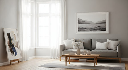 interior with grey sofa, coffee table and picture frame 3d renderの素材