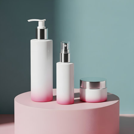 White cosmetic bottle containers on a podium. 3d rendering mock upの素材