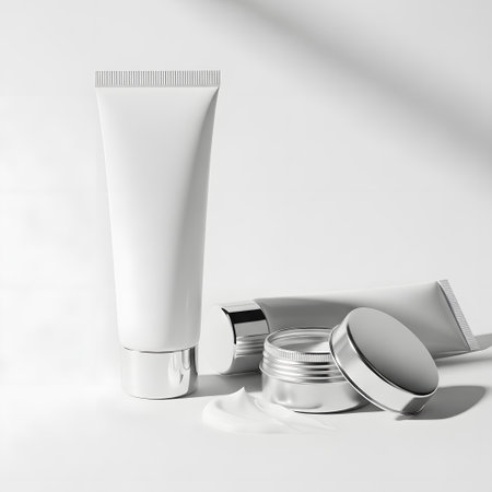 cosmetic cream or lotion bottle with tropical leaves on yellow backgroundの素材