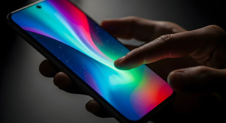 Close-up of a hand holding a smartphone with colorful hologramの素材