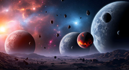 Cosmic landscape with planets, stars and galaxies. 3D renderingの素材
