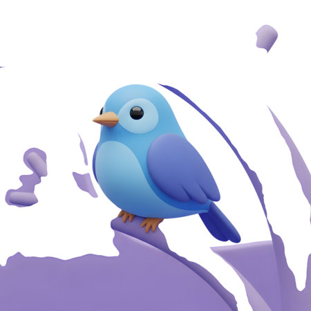 Blue bird on a white background with purple leaves. Vector illustration.の素材