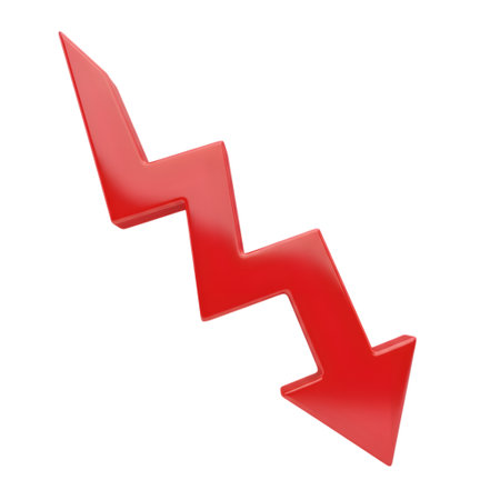 Highly rendering of a red arrow pointing down in white background.の素材