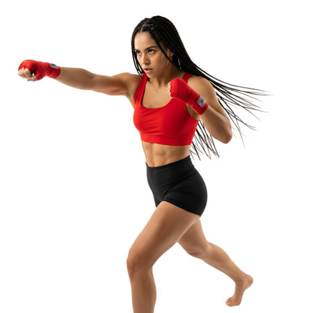 Young woman boxing isolated on a white background. 3d rendering.の素材