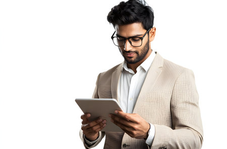 Indian businessman using a tablet computer over white background. Copy space.の素材