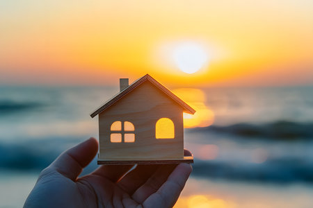 House model in hand on the background of the sea and sunset. The concept of real estate, buying and selling a house.の素材
