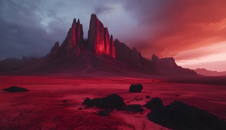 Fantasy landscape with red mountains. 3d rendering digital illustration.の素材