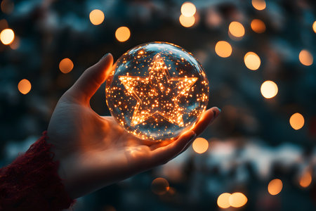A close-up of a hand delicately cradling a crystal ball that contains a brightly lit star. The background features soft, out-of-focus golden bokeh lights, adding depth.の素材