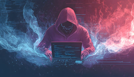 Hooded hacker stealing information from a laptop with glowing blue backgroundの素材