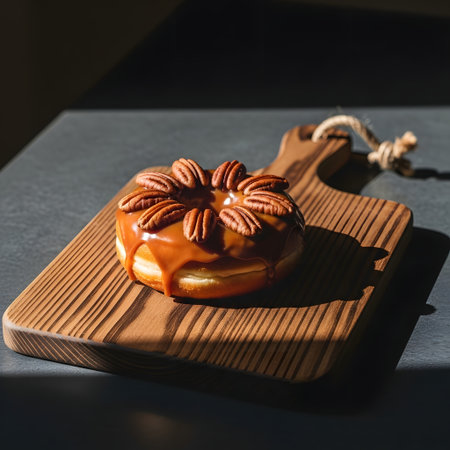 Pecan bun on a wooden cutting board. Dark background.の素材