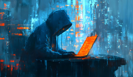 Hooded hacker stealing information from a laptop computer. Cyber attack concept.の素材