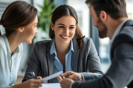 Smiling businesswoman sitting at table and looking at camera during meeting with colleaguesの素材
