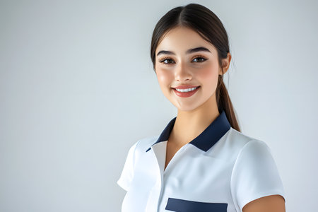 Portrait showcases an attractive young woman with a ponytail, wearing a stylish blue and white collared shirt; she is smiling pleasantly at the viewer against a plain background.の素材