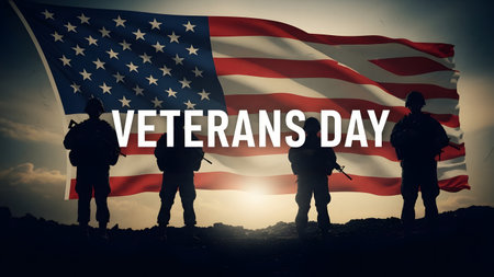 Silhouette of soldiers on the background of the American flag. Veterans Day.の素材