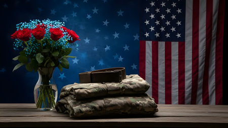 American military uniform and bouquet of roses on wooden table with american flag backgroundの素材