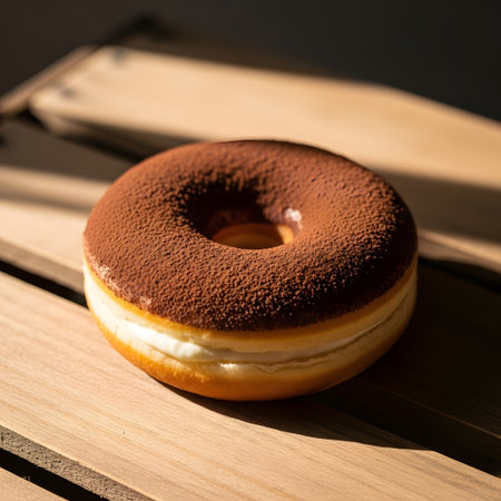 Chocolate donut on a wooden board. Selective focus.の素材