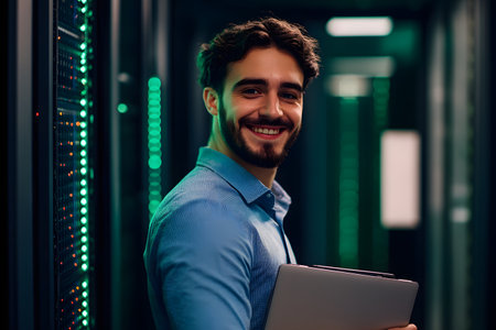 Handsome young man in datacenter server room working on laptopの素材